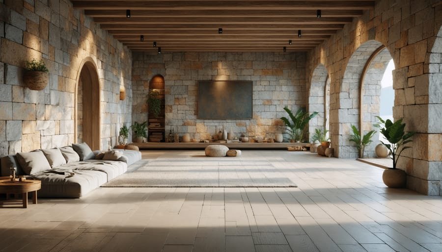 Modern interior design showcasing sustainable use of natural stone elements
