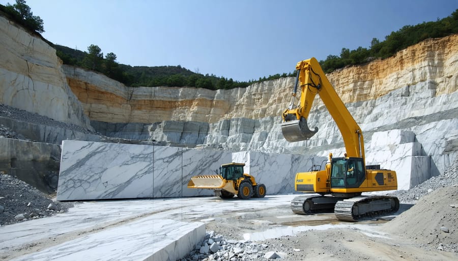 Large-scale marble quarry operation showing sustainable extraction methods and environmental controls