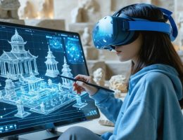 A designer using advanced 3D modeling software and virtual reality headset to visualize innovative stone designs, blending traditional and modern elements.