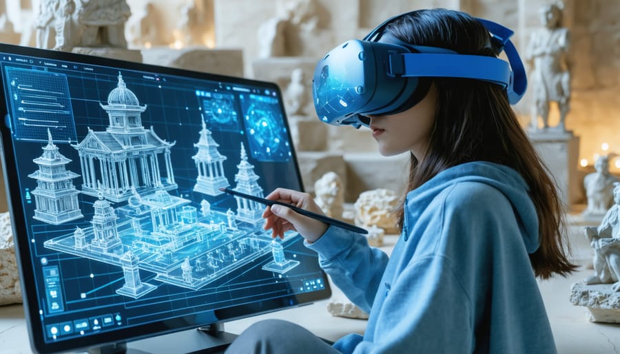A designer using advanced 3D modeling software and virtual reality headset to visualize innovative stone designs, blending traditional and modern elements.