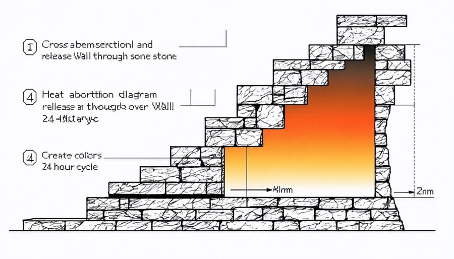 Diagram illustrating how natural stone absorbs heat during day and releases it at night