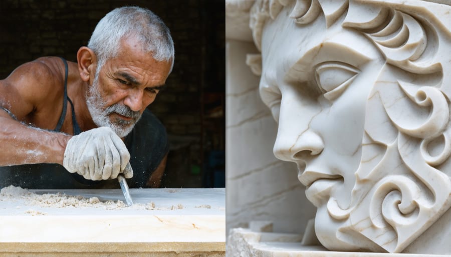 Contrast between traditional hand stone carving and modern CNC marble sculpting technology
