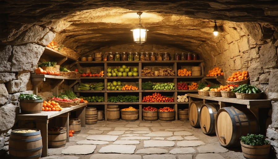 Interior view of a stone root cellar with wooden shelves storing vegetables and preserves