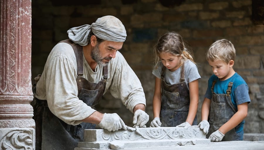 Master craftsman teaching traditional stone carving methods to new generation