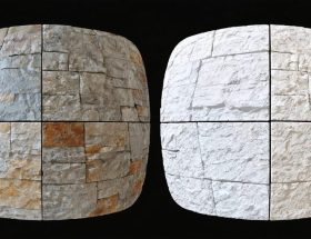Virtual reality visualization of natural stone versus veneer textures side by side, highlighting texture and shadow differences.