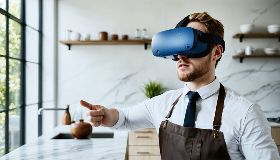 Designer wearing VR headset while interacting with virtual stone design