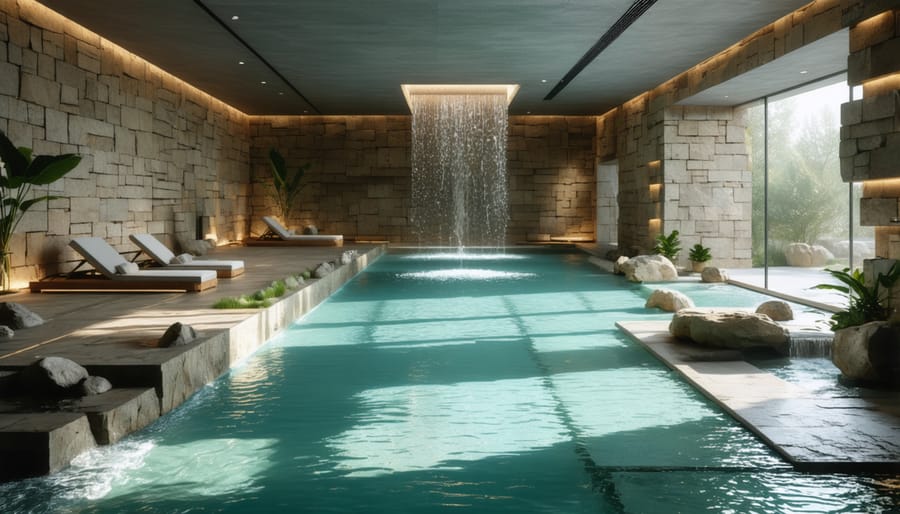 Interior of a therapeutic space with textured stone walls and calming water elements