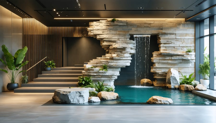 Contemporary workplace with integrated natural stone elements including a calming water feature