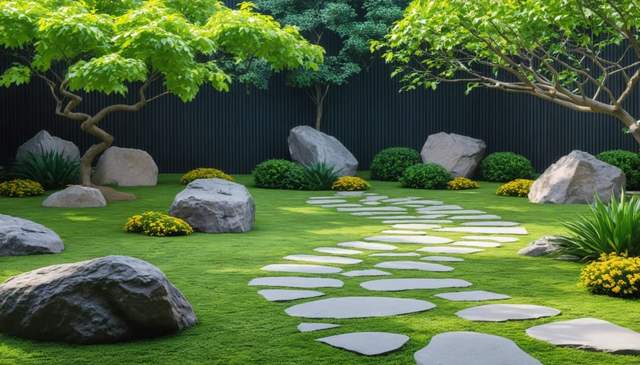 Peaceful Japanese zen garden with smooth stones and raked sand patterns