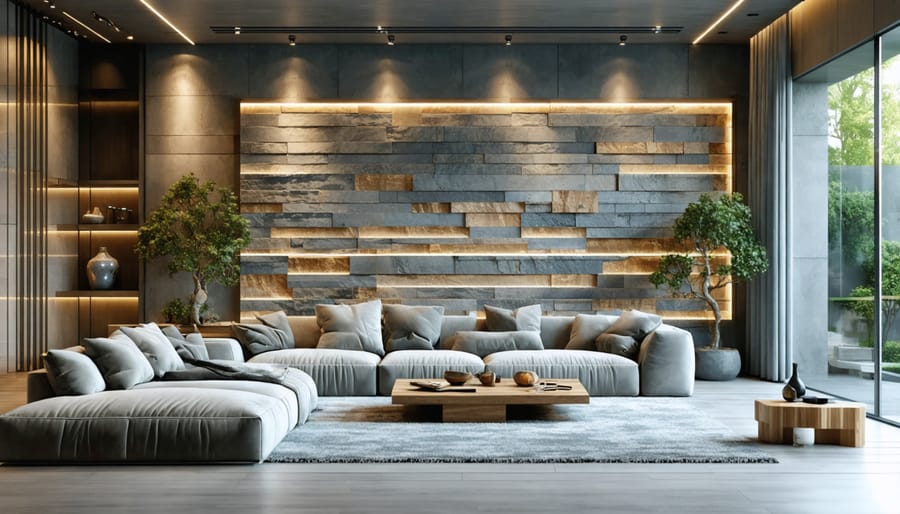 Contemporary interior design showcasing installed zeolite wall surfaces in a residential setting