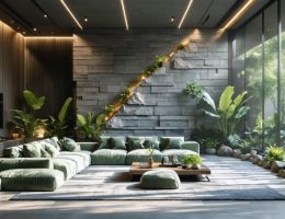 Modern interior living space featuring zeolite stone wall surfaces with natural light accentuating the design's texture, complemented by indoor plants and minimalist furniture to promote wellness.
