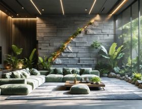 Modern interior living space featuring zeolite stone wall surfaces with natural light accentuating the design's texture, complemented by indoor plants and minimalist furniture to promote wellness.