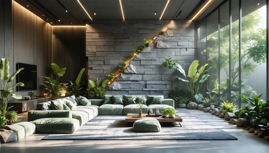 Modern interior living space featuring zeolite stone wall surfaces with natural light accentuating the design's texture, complemented by indoor plants and minimalist furniture to promote wellness.