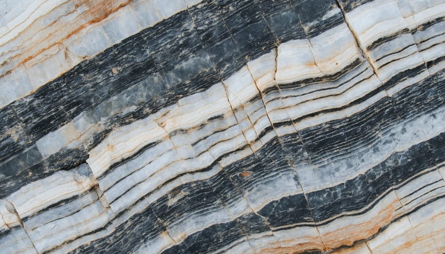 Detailed view of the 4-billion-year-old Acasta Gneiss rock formation with visible metamorphic banding patterns