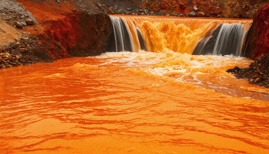 Acidic mine drainage with characteristic orange-red coloration affecting surrounding rock formations