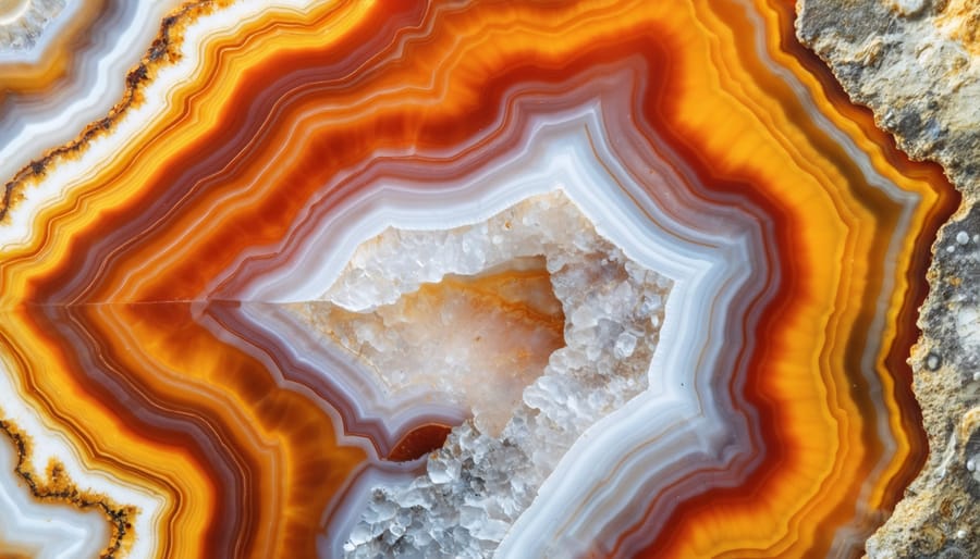 Detailed view of polished agate stone displaying natural banding and crystalline patterns