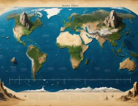 Conceptual illustration of Earth's ancient geological formations, including the Acasta Gneiss, highlighting their influence on modern architecture through a timeline featuring Earth's early history.