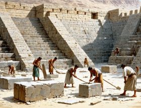 An artistic representation of ancient craftsmen skillfully working on massive stone blocks, using traditional tools amidst a backdrop of iconic historical monuments like pyramids and Incan walls.