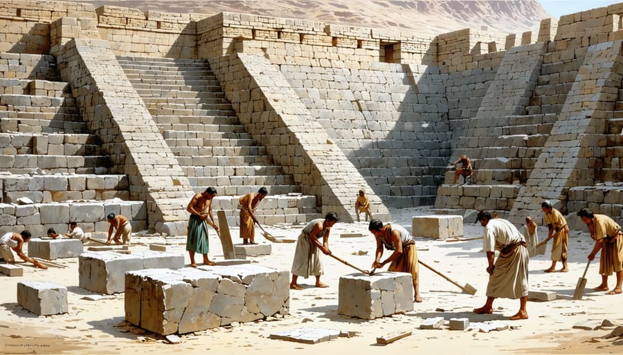 An artistic representation of ancient craftsmen skillfully working on massive stone blocks, using traditional tools amidst a backdrop of iconic historical monuments like pyramids and Incan walls.