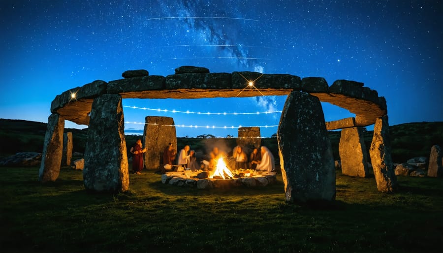 Artistic depiction of a megalithic stone circle with celestial alignments and ghostly figures in traditional clothing celebrating, symbolizing the connection between ancient and modern stone festivals.
