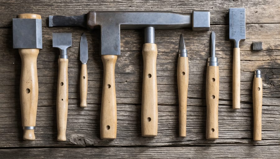 Ancient stone cutting tools including bronze chisels, wooden mallets, and measuring implements