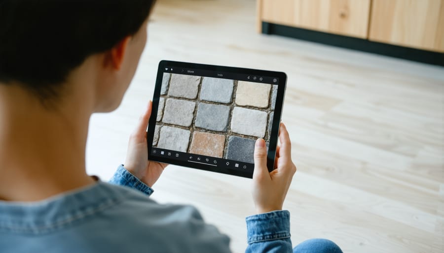 Demonstration of augmented reality floor system showing virtual stone patterns through tablet device