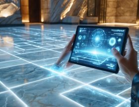 Conceptual illustration of augmented reality floor technology showing a designer using a tablet to visualize digital stone patterns on a floor.