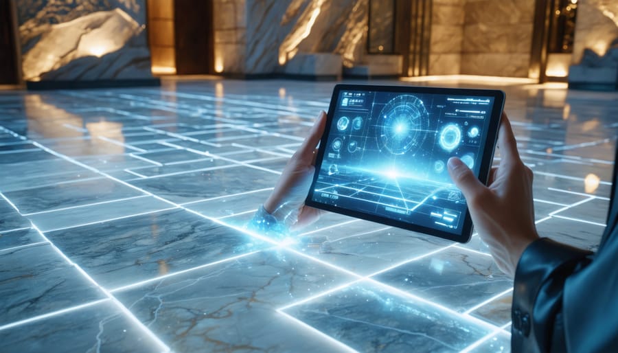 Conceptual illustration of augmented reality floor technology showing a designer using a tablet to visualize digital stone patterns on a floor.