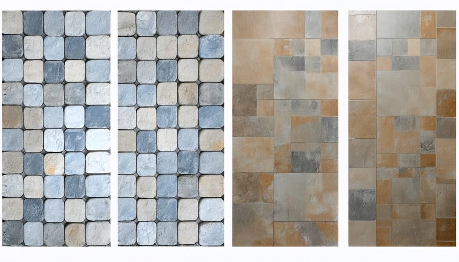 Side-by-side comparison of virtual AR stone pattern preview and final installed floor