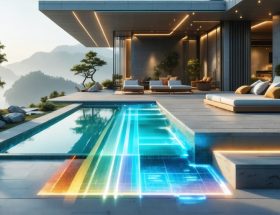 Conceptual image showing a modern pool deck with bluestone pavers staying cool under sunlight, with visual elements representing thermal gradients and cooler surface temperatures.