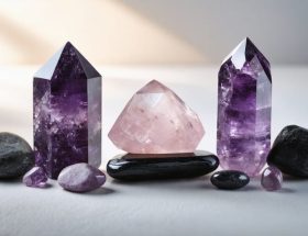 Close-up of polished amethyst, rose quartz, and black tourmaline stones artfully arranged on a light background, bathed in soft natural sunlight, conveying tranquility and balance.