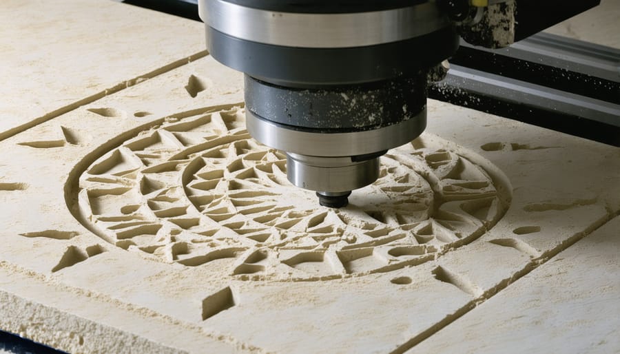 Industrial CNC machine precisely cutting complex designs into limestone block