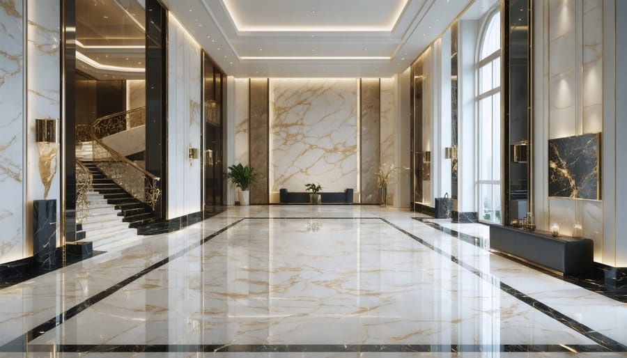 3D rendered commercial space showcasing AI-mapped natural stone patterns