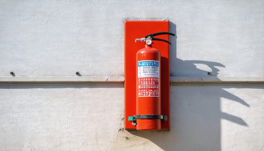 Properly installed fire extinguisher with safety signage on construction site