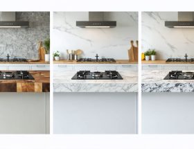 Split-screen image of a kitchen with quartz, butcher block, and laminate countertops, each labeled with price points, illustrating a comparison of cost-effectiveness and durability.