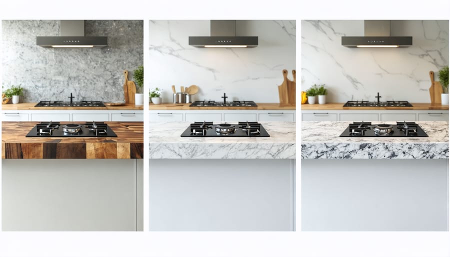 Split-screen image of a kitchen with quartz, butcher block, and laminate countertops, each labeled with price points, illustrating a comparison of cost-effectiveness and durability.