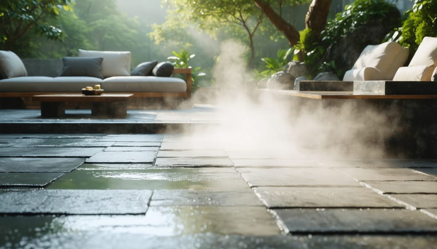 Professional demonstrating chemical-free cleaning of natural stone landscaping features using steam equipment