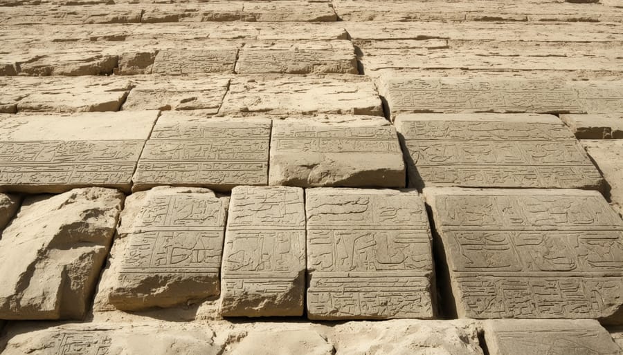 Detailed view of precisely fitted limestone blocks in the Great Pyramid showing ancient Egyptian masonry techniques