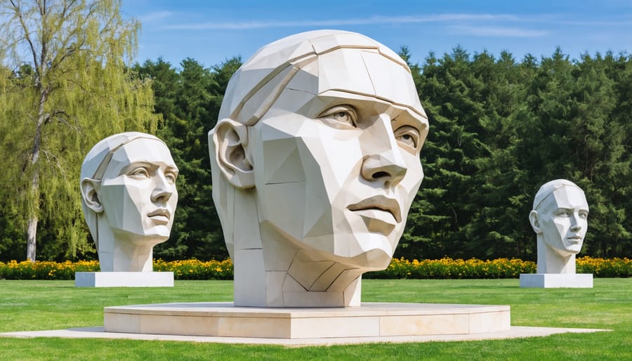 Large-scale stone head sculptures by Emily Young installed in a natural landscape