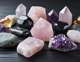 A collection of healing stones on a dark wooden surface, featuring rose quartz, amethyst, black tourmaline, and citrine, showcasing their diverse colors and textures.