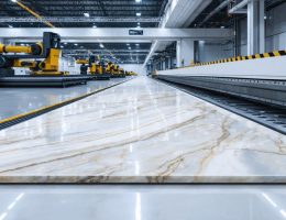 Advanced manufacturing facility with high-tech stone finishing machines applying the Z-pattern technique on natural stone slabs, highlighting precision and sustainability in modern stone fabrication.