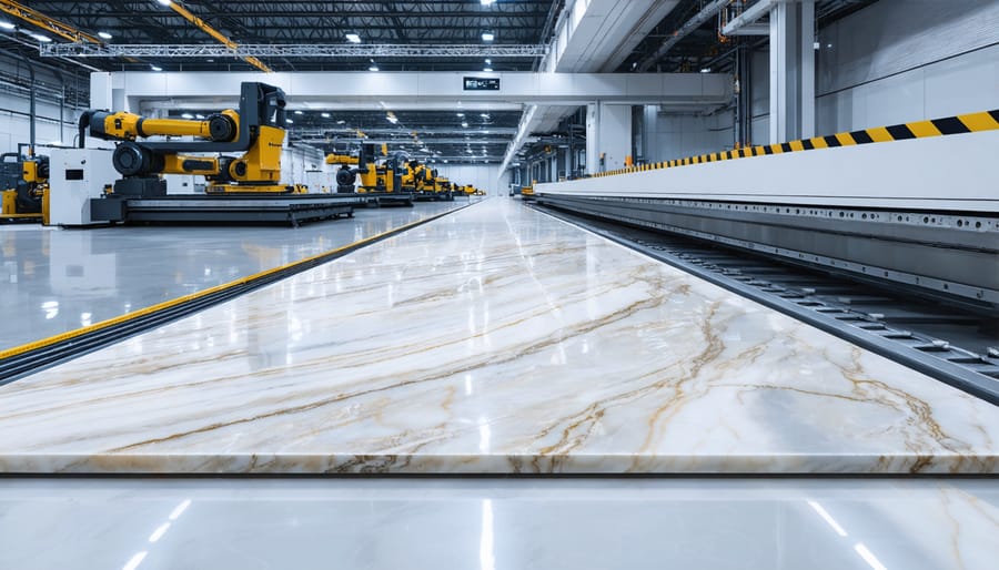Advanced manufacturing facility with high-tech stone finishing machines applying the Z-pattern technique on natural stone slabs, highlighting precision and sustainability in modern stone fabrication.