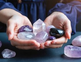 A pair of hands delicately cradling a selection of reiki stones including clear quartz, rose quartz, amethyst, and black tourmaline, symbolizing the natural healing energies of these crystals.