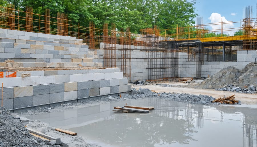 Construction professionals using tablets and digital tools for stone project planning