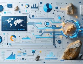 Conceptual illustration showing interconnected digital dashboards and stone materials representing the integration of supply chain operations in the stone industry through technology.