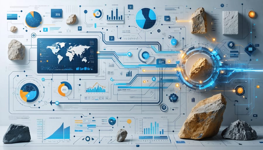 Conceptual illustration showing interconnected digital dashboards and stone materials representing the integration of supply chain operations in the stone industry through technology.