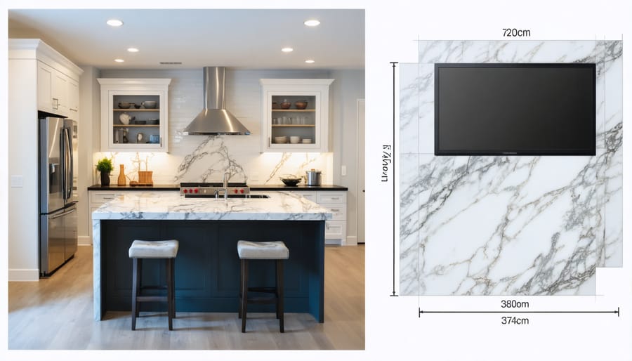 Comparison of physical kitchen space and virtual reality visualization showing different countertop materials
