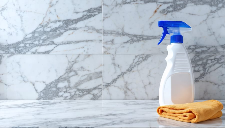 Person cleaning marble countertop with gentle circular motions using approved cleaning products