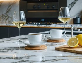 A beautifully maintained marble countertop in a kitchen, with a wine glass, lemon, and coffee cup on protective coasters, demonstrating the essential care techniques for preserving marble surfaces.