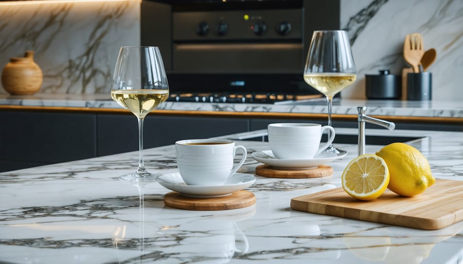 A beautifully maintained marble countertop in a kitchen, with a wine glass, lemon, and coffee cup on protective coasters, demonstrating the essential care techniques for preserving marble surfaces.